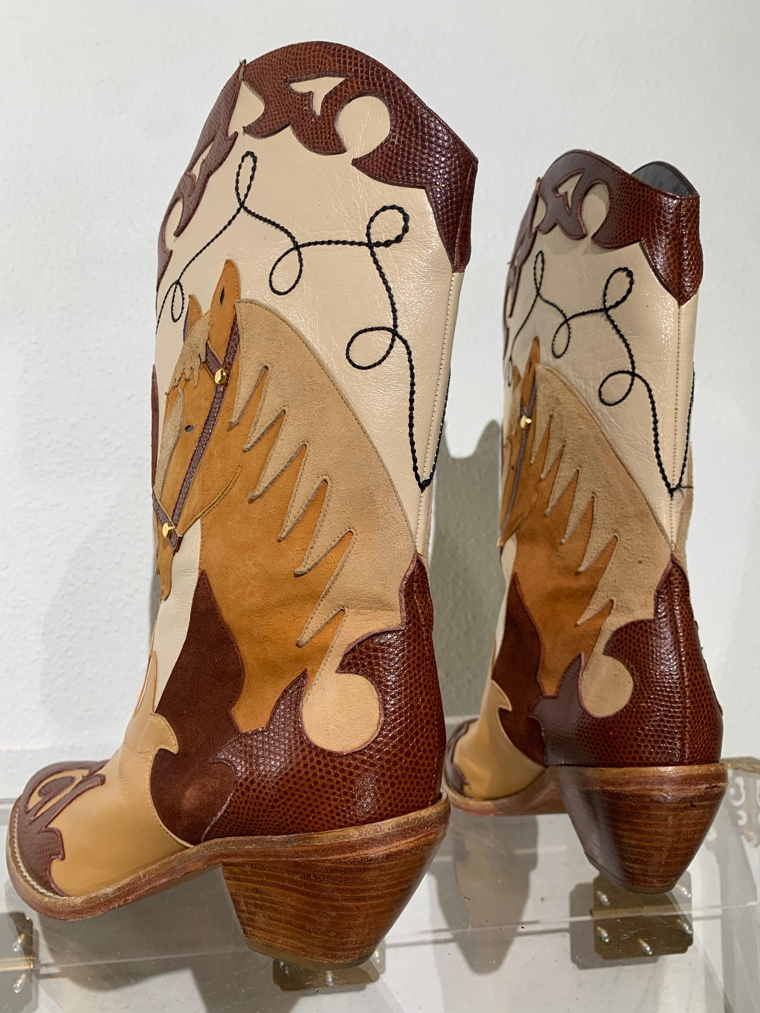 1980s Western Cowboy Horse Motif Short Boots w Leather Applique Design For Sale 1