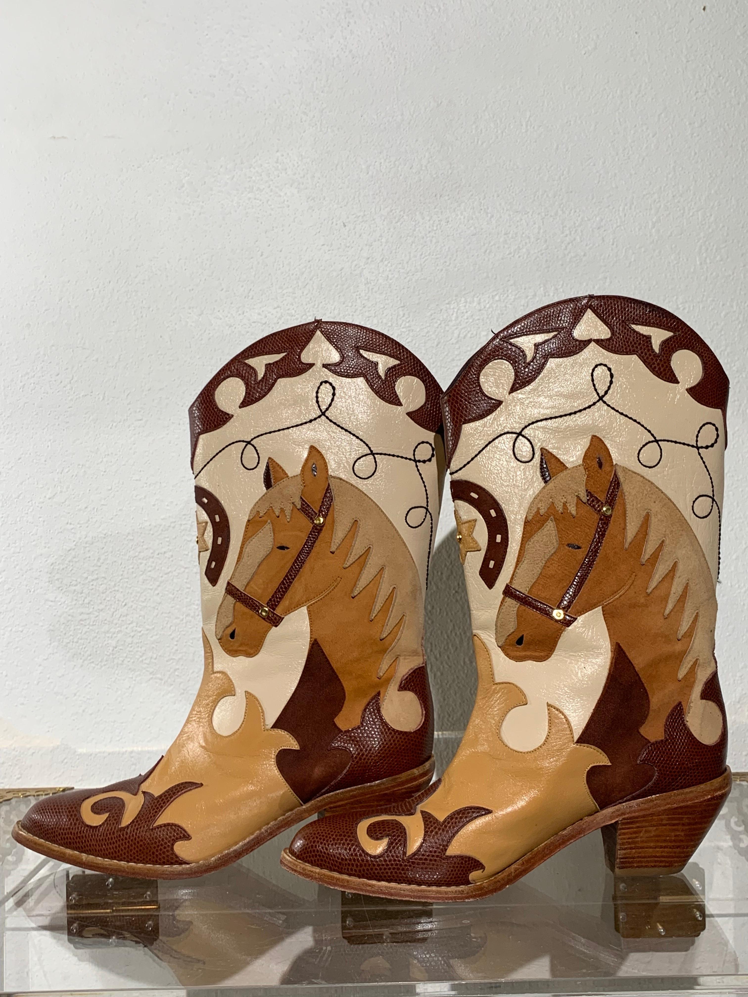 1980s Western Cowboy Horse Motif Short Boots w Leather Applique Design For Sale 3