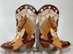 1980s Western Cowboy Horse Motif Short Boots w Leather Applique Design