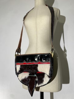 1980s Western-Inspired Black/White Cowhide & Patent Leather Saddle Shoulder Bag