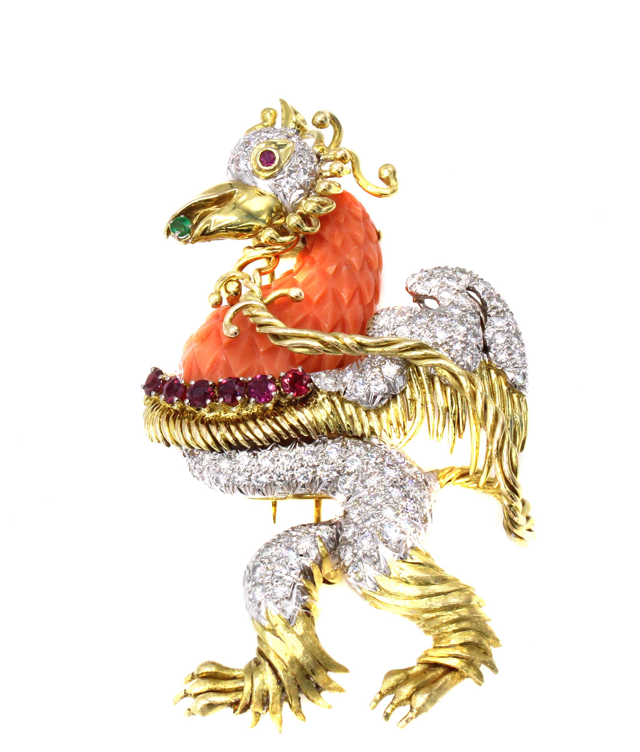 One must say that this is truly a unique, bold and eccentric piece of 1980s jewelry. An amazing design and fantastically hand-crafted this whimsical pendant-brooch depicts a walking rooster. The head, wing and legs are finely pave set with bright