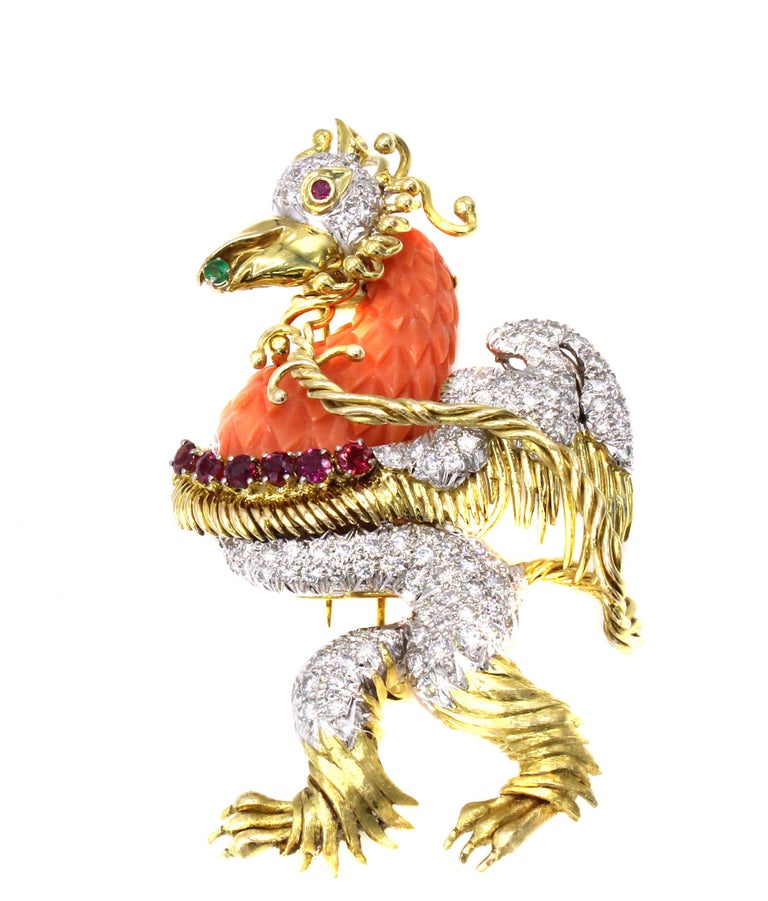 1980s Whimsical Mediterranean Coral Diamond Ruby Emerald Rooster ...