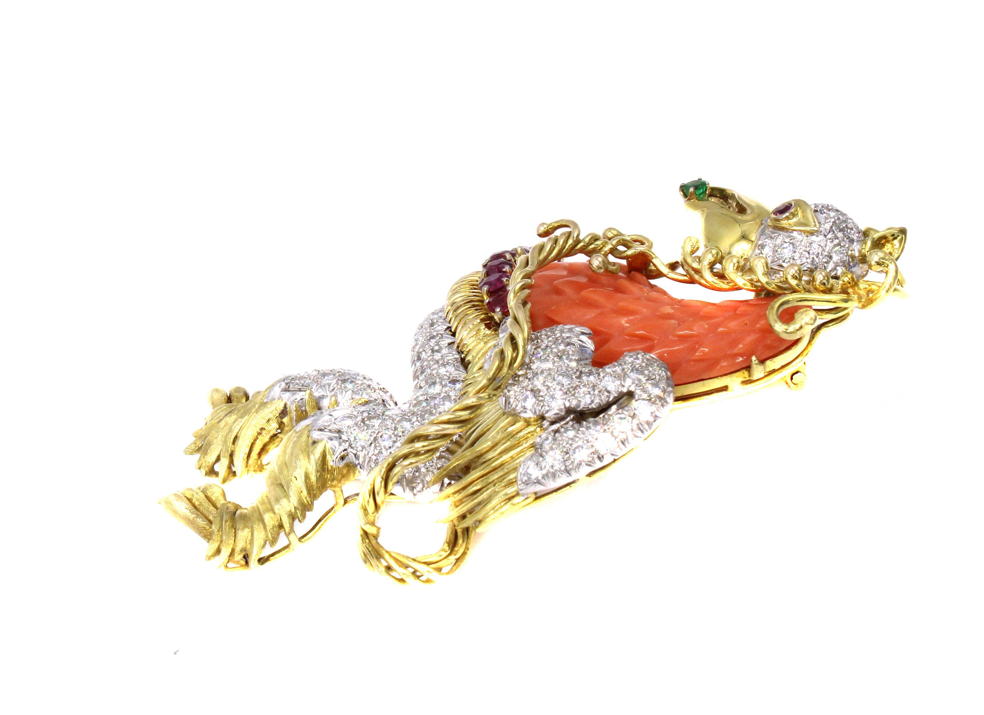 1980s Whimsical Mediterranean Coral Diamond Ruby Emerald Rooster Pendant Brooch In Excellent Condition In New York, NY