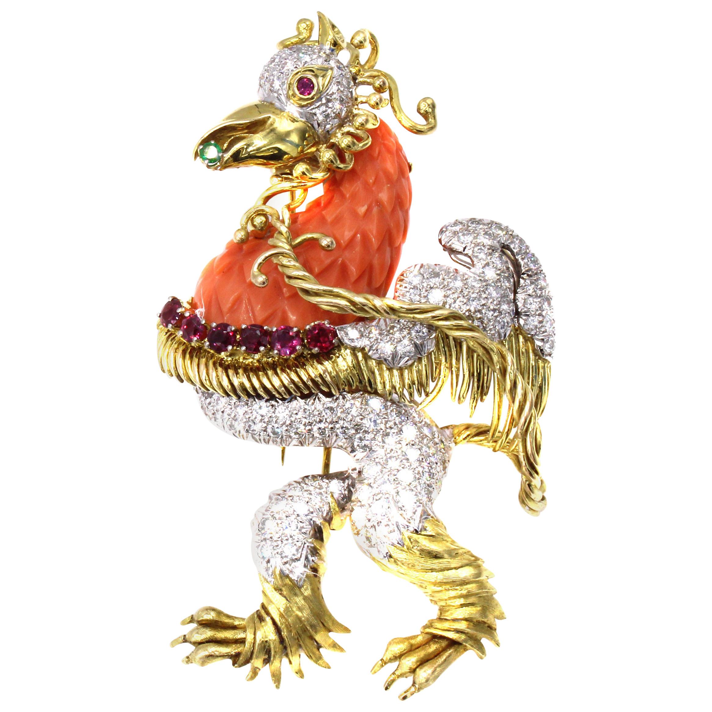 1980s Whimsical Mediterranean Coral Diamond Ruby Emerald Rooster Pendant Brooch