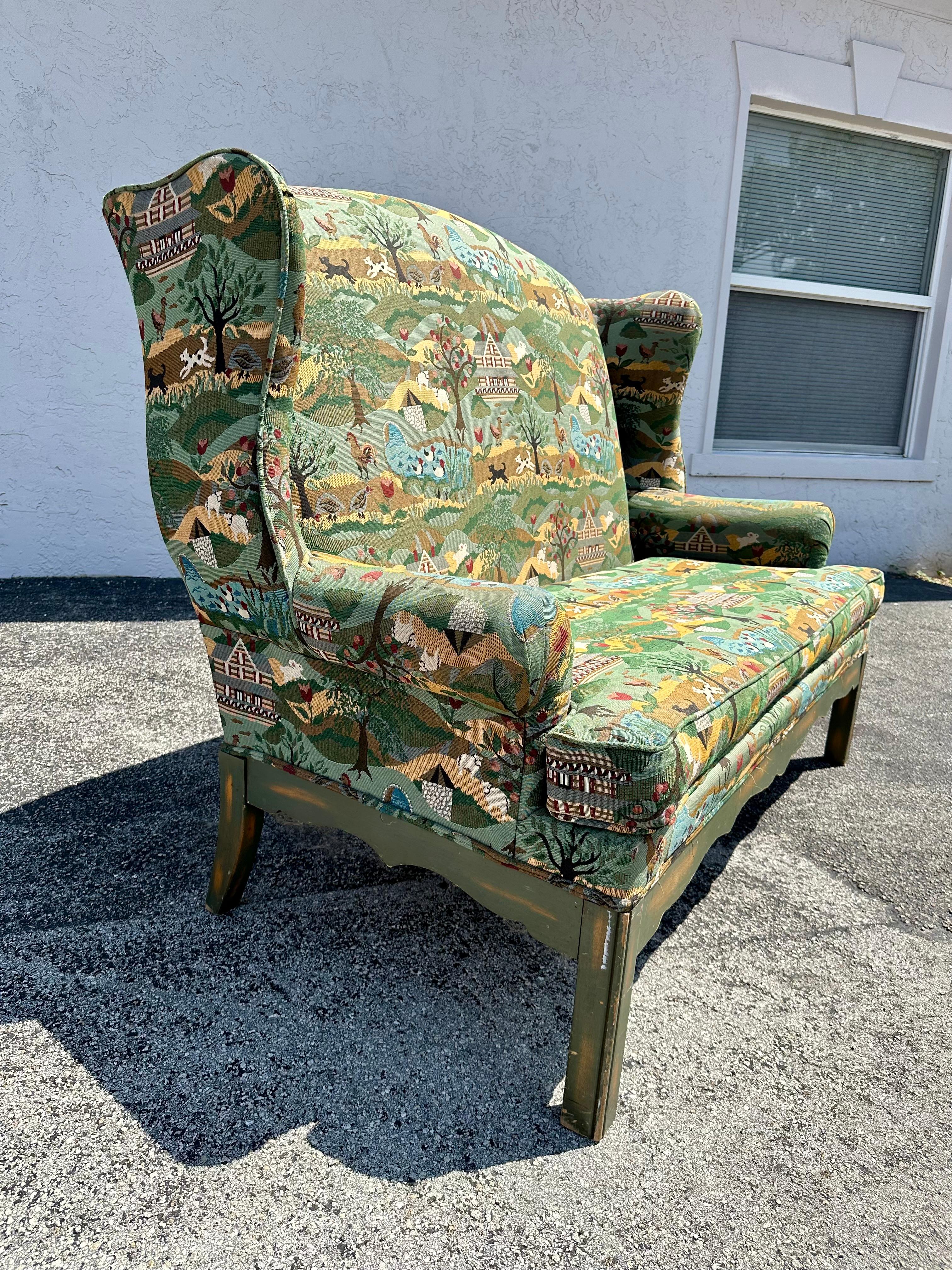 Fin du 20e siècle Canapé Wingback fantaisiste des années 1970, motif animal vert et serpentin coloré en vente