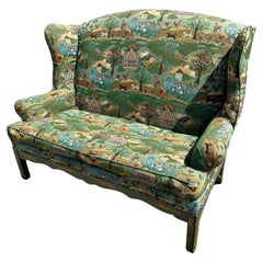 Vintage 1980s Whimsical Textile Animals Green Colorful Serpentine Wingback Settee Sofa
