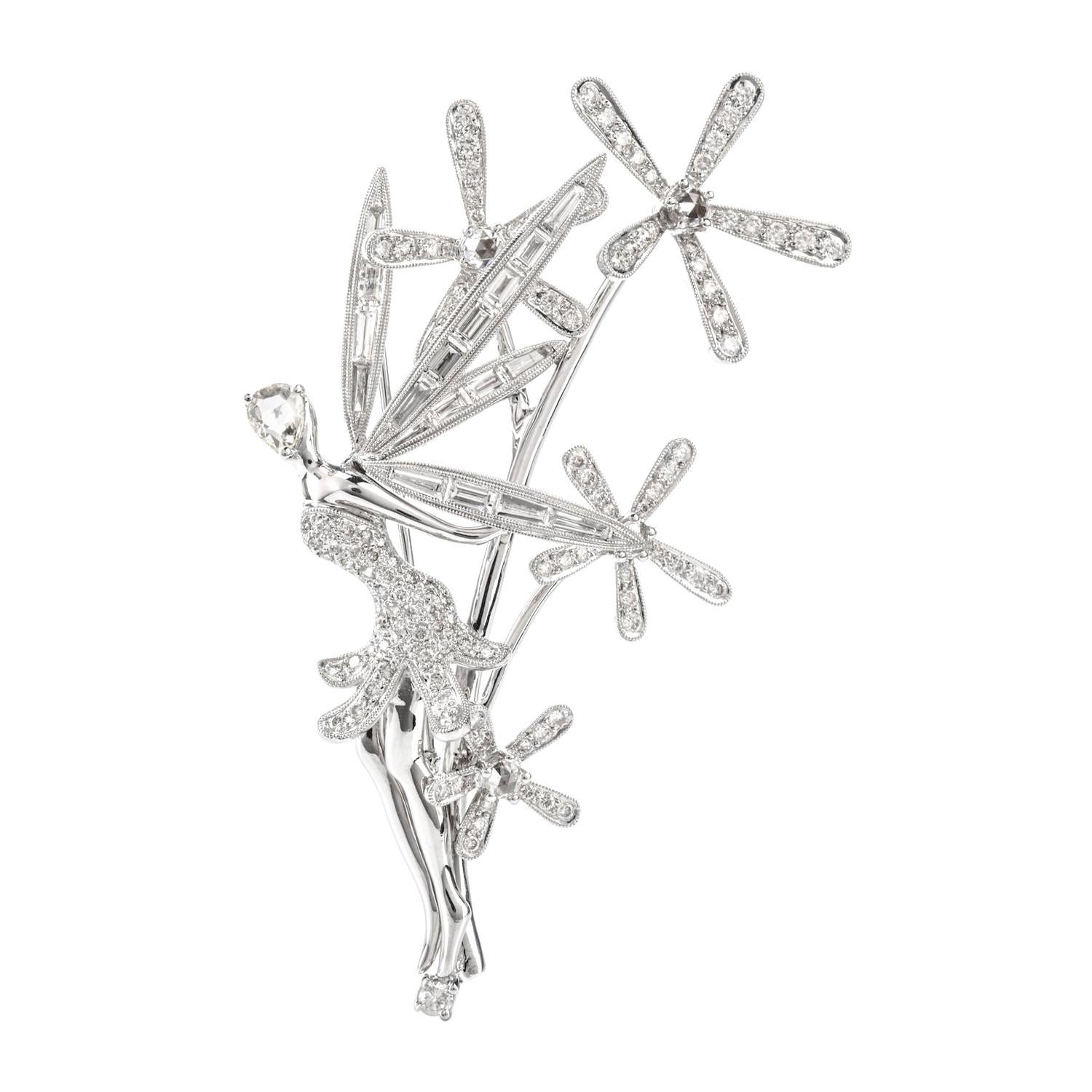 1980s Whimsical with Motion Diamond 18 Karat Fairy Brooch Pin at 1stDibs