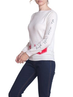 1980S White Acrylic Boat Neck  Sweater With Mice & Cat Embroidery