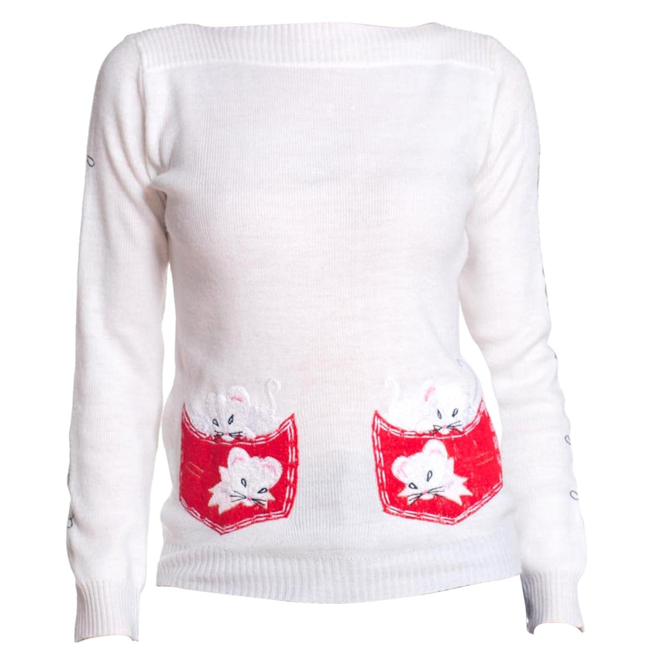 1980S White Acrylic Boat Neck  Sweater With Mice & Cat Embroidery