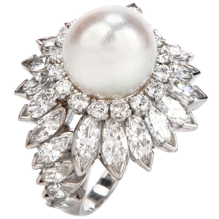 1980s White Akoya Pearl Marquise 
Round Cut Diamond Halo Platinum Cocktail Ring