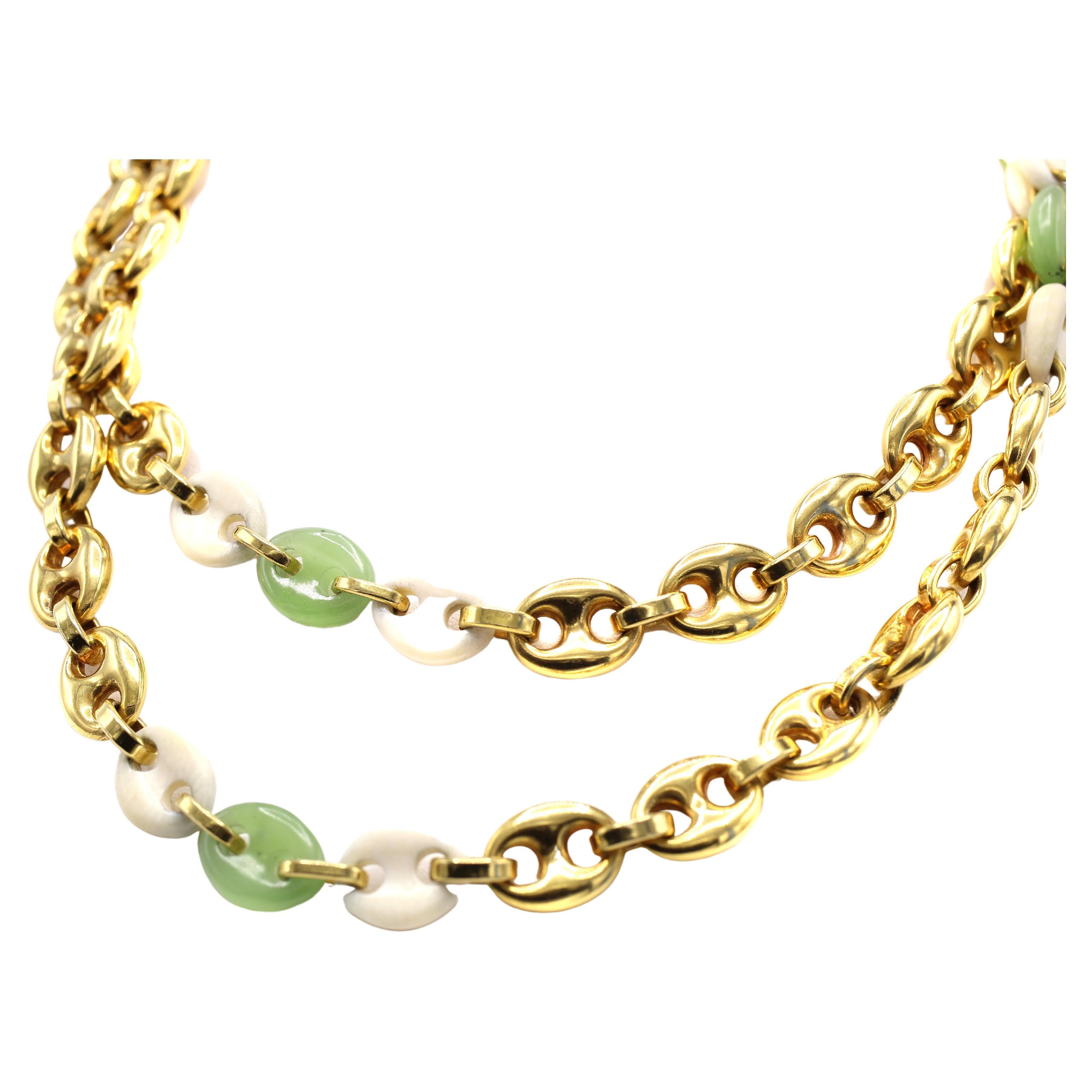 1980s White and Green Jadeite 18 Karat Gold Mariner Link Chain Necklace