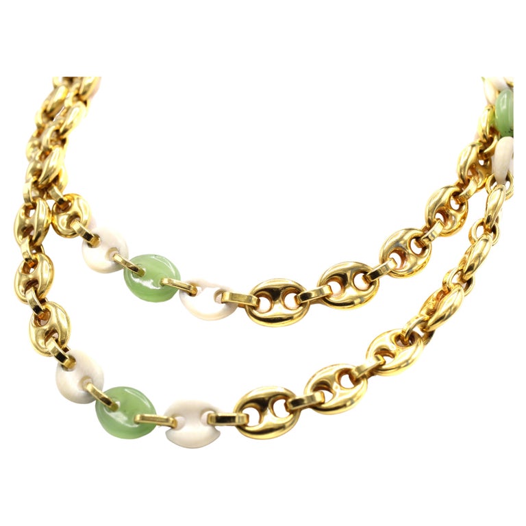 1980s White and Green Jadeite 18 Karat Gold Mariner Link Chain Necklace For Sale