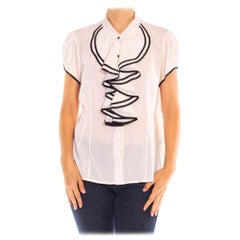 1980S White & Black Silk/Spandex Ruffle Contrast Trim Blouse
