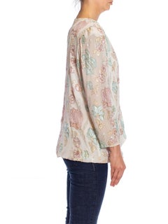 Blouse à fleurs pastel en rayonne, fil coupé, blanc, bleu et rose, 1980S