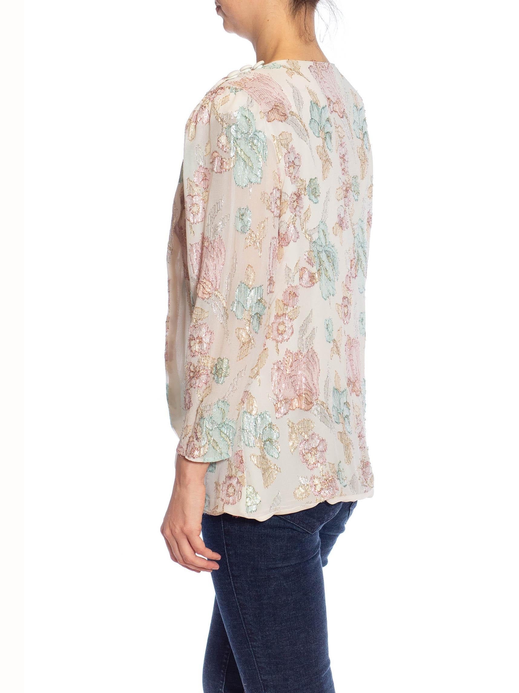 1980S White Blue & Pink Rayon Lurex Fil Coupé Pastel Floral Blouse For Sale 3