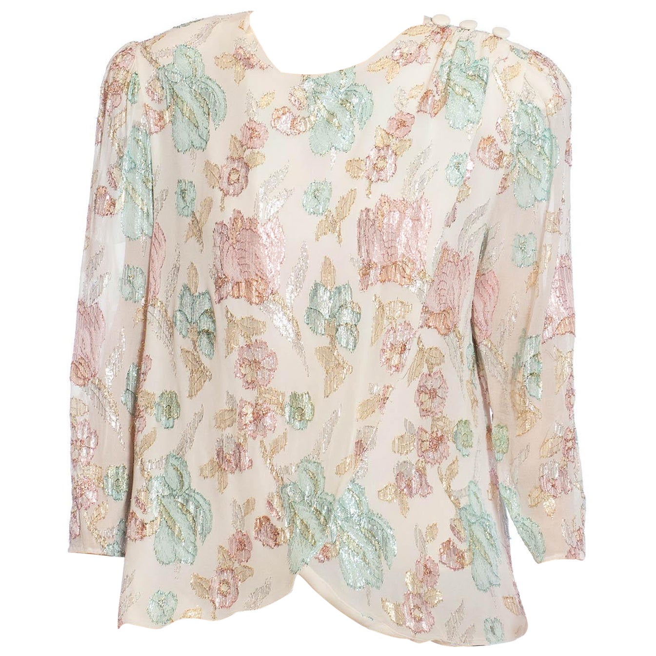 Camicetta floreale pastello anni '80 in Rayon Lurex Fil Coupé bianco, blu e rosa