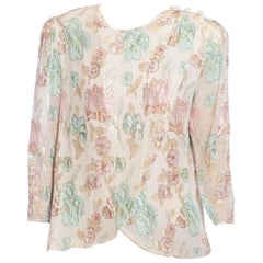 Camicetta floreale pastello anni '80 in Rayon Lurex Fil Coupé bianco, blu e rosa