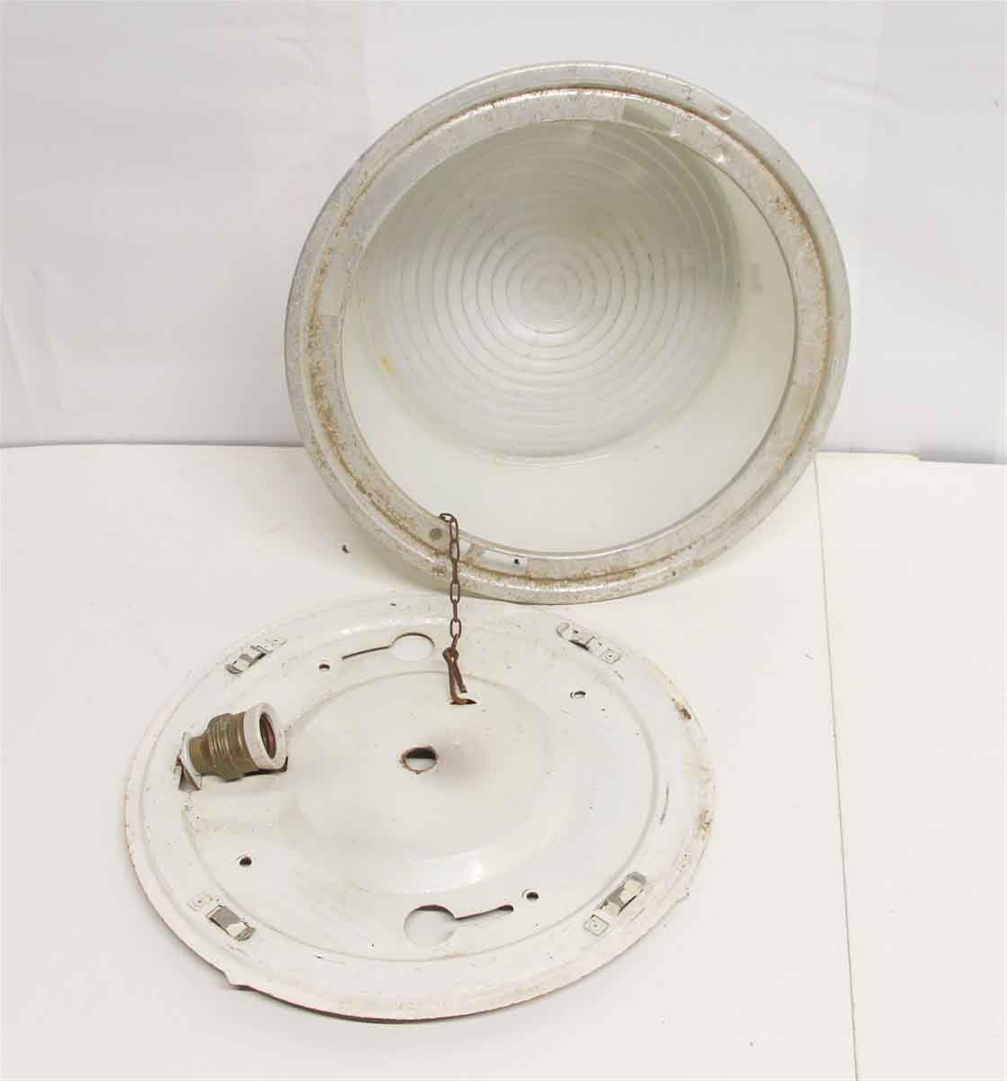 Late 20th Century White French Industrial Holophane Glass Flush Mount Light For Sale
