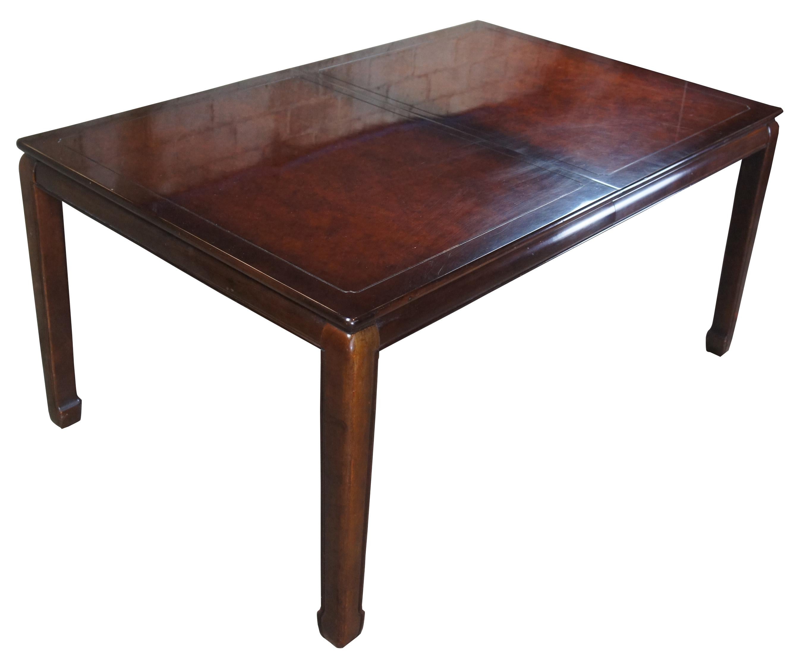 1980s White Furniture Company Mandarin dining table, 330-12. Rectangular form with mahogany and burlwood top. Includes 2 leafs for extensions. 

Measures: Leaf width 22