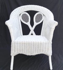 1980's White Henry Link Style Wimbledon Tennis Racket Wicker Lounge Chair