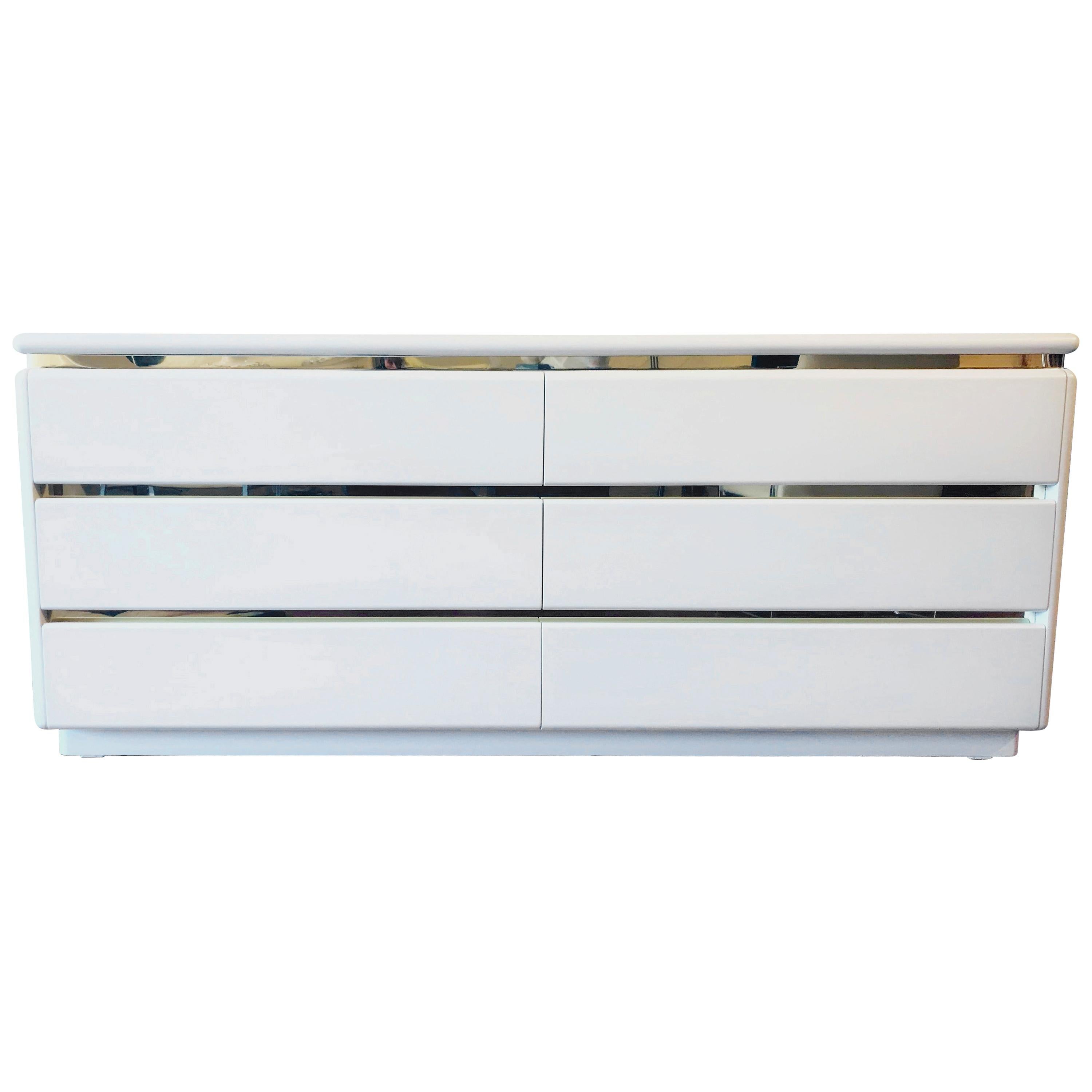 1980s White Lacquer and Brass Dresser