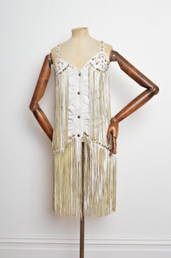 1980’s White Leather Vintage Showgirl Rhinestone Fringed Disco Top