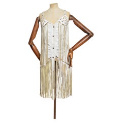 1980’s White Leather Vintage Showgirl Rhinestone Fringed Disco Top