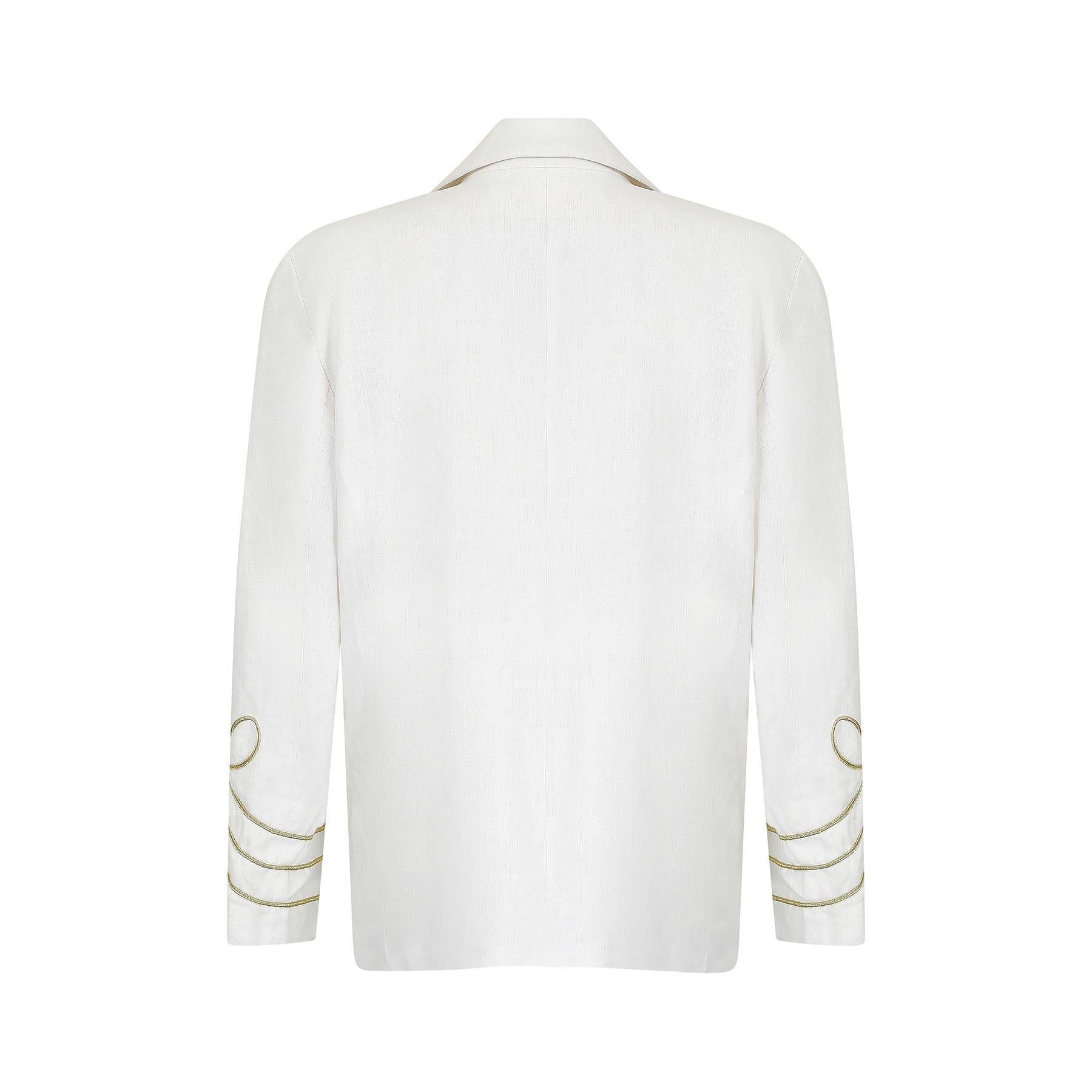 Gray 1980s White Linen Novelty Embellished Military Jacket For Sale