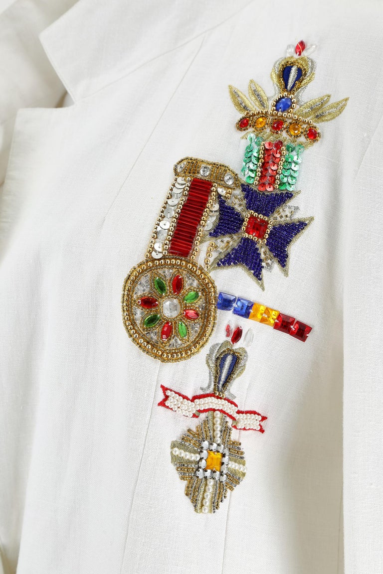 1980s White Linen Novelty Embellished Military Jacket For Sale at