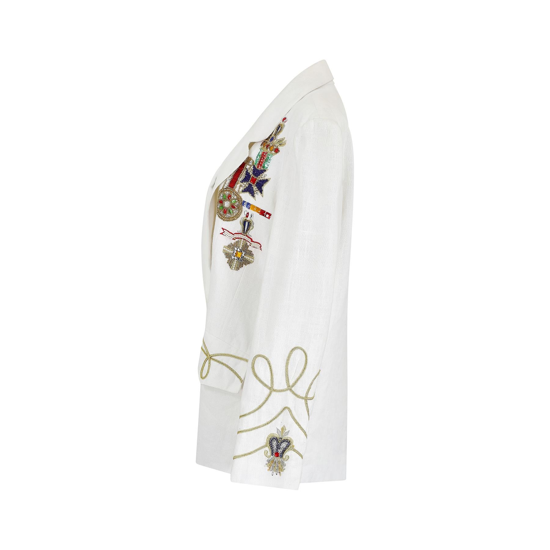 Women's or Men's 1980s White Linen Novelty Embellished Military Jacket For Sale