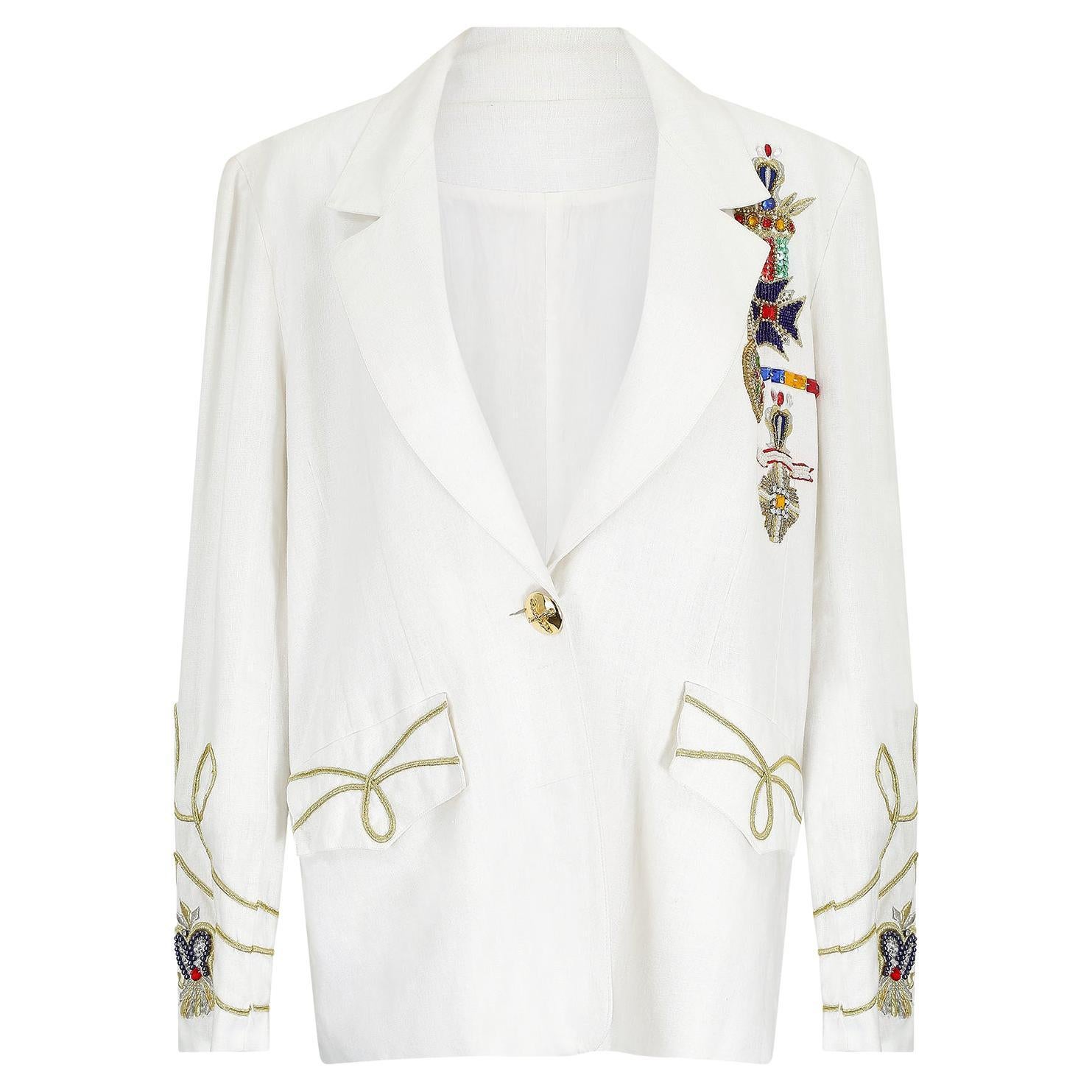 1980s White Linen Novelty Embellished Military Jacket For Sale