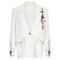Vintage 1980s White Linen Novelty Embellished Military Jacket