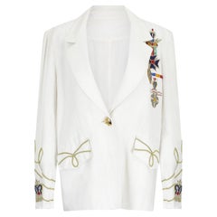 1980s White Linen Novelty Embellished Military Jacket