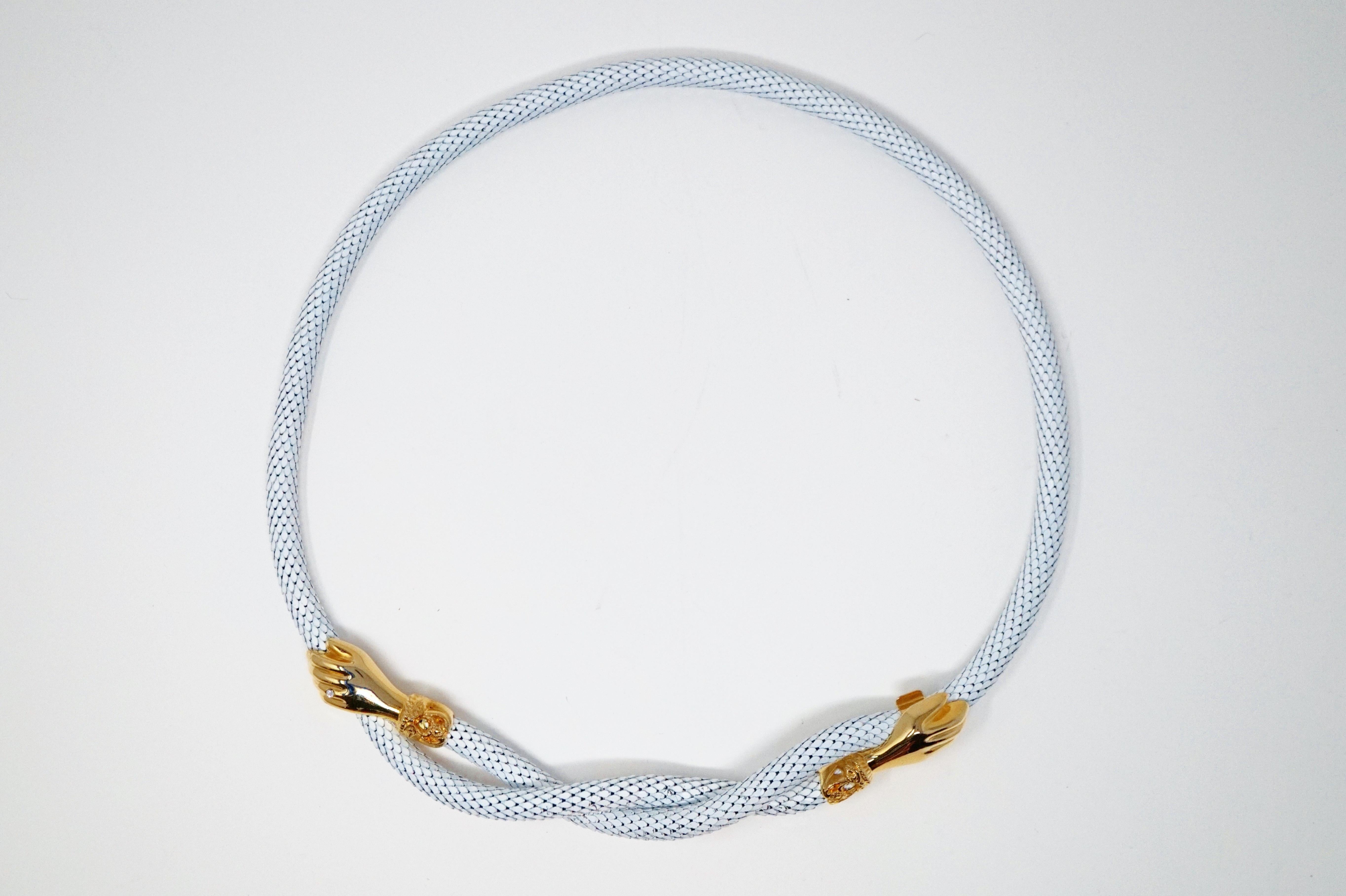 1980s White Mesh Belt or Necklace with Gold Hands by DL Auld Co, Signed 3