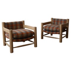 1980s White Oak Chairs in Pierre Frey Virgin Wool Plaid, a pair