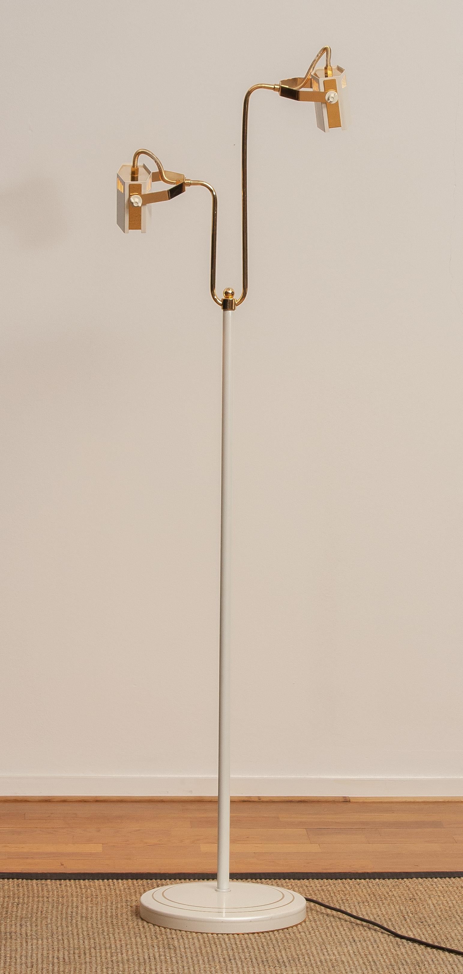 1980s, White-Pearl Lacquered Metal and Brass Halogen Floor Lamp from Italy 6
