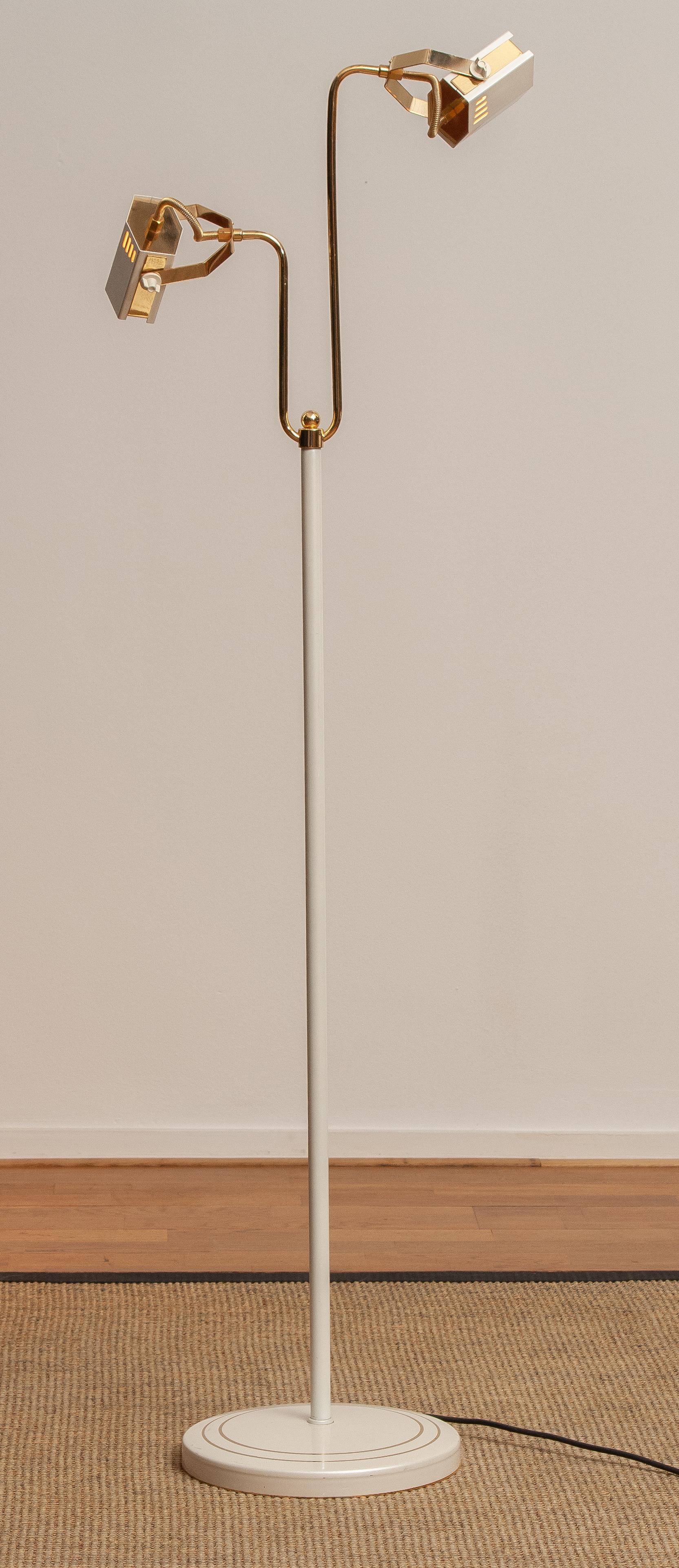 1980s, White-Pearl Lacquered Metal and Brass Halogen Floor Lamp from Italy 7