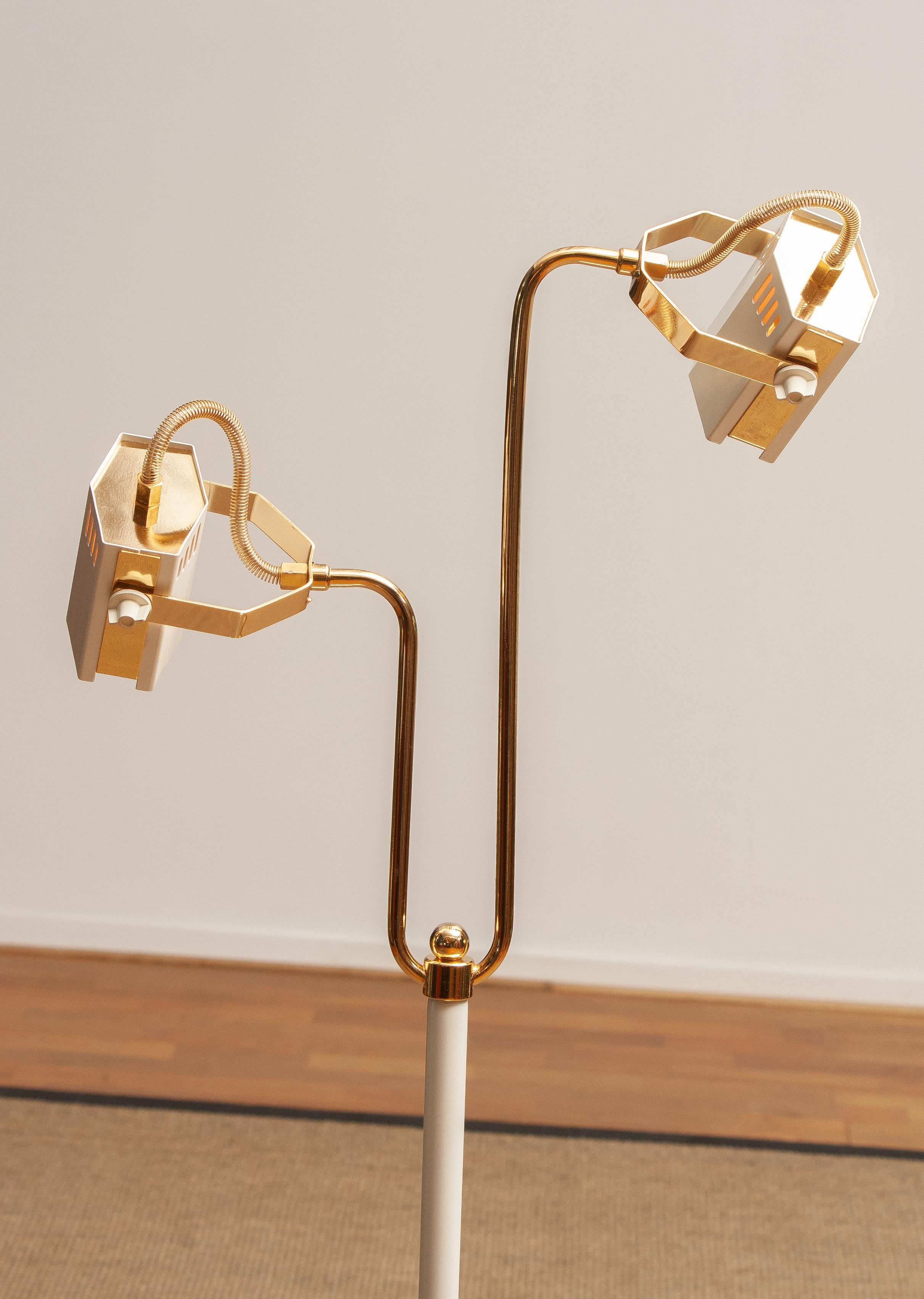 1980s, White-Pearl Lacquered Metal and Brass Halogen Floor Lamp from Italy 12