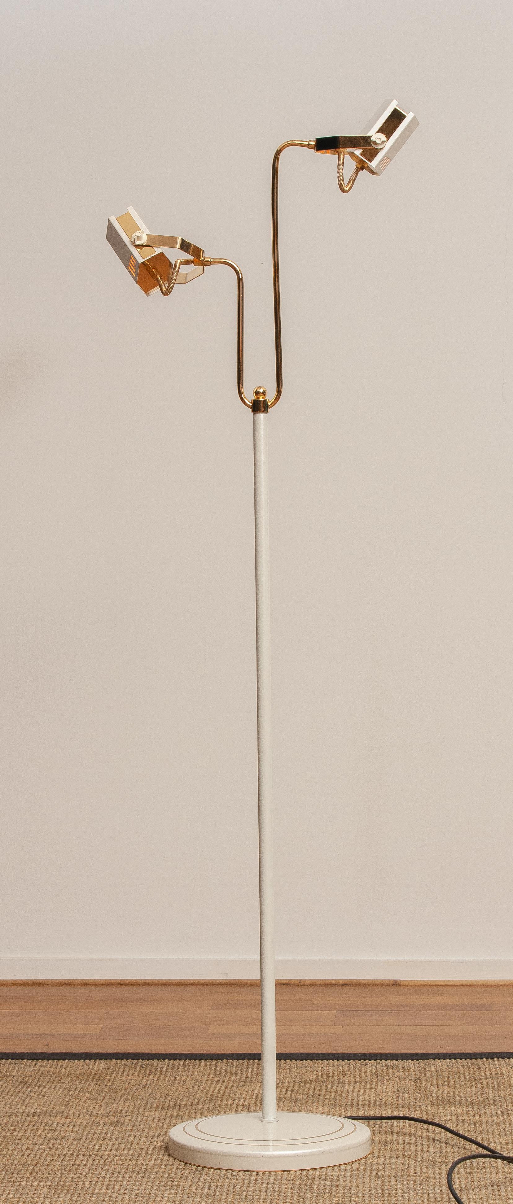 Italian 1980s, White-Pearl Lacquered Metal and Brass Halogen Floor Lamp from Italy