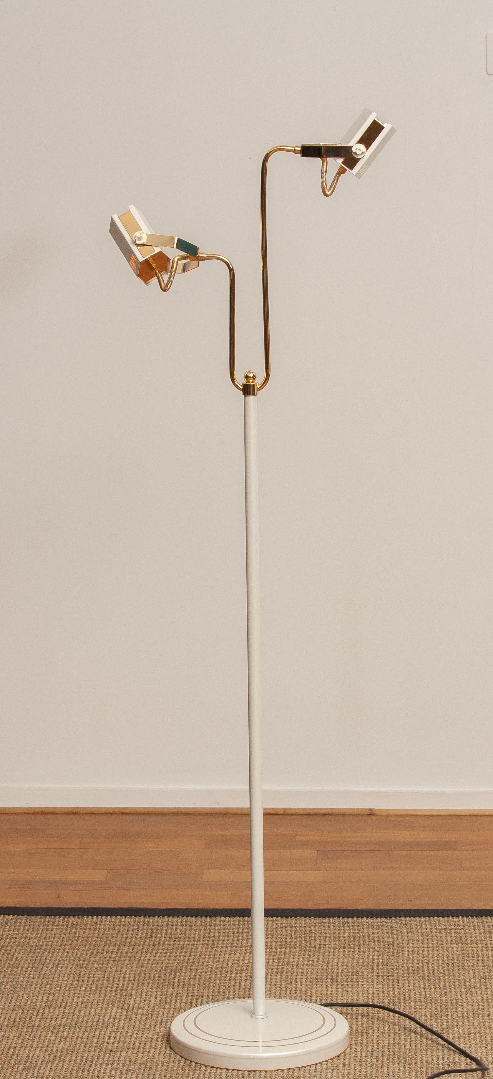 Late 20th Century 1980s, White-Pearl Lacquered Metal and Brass Halogen Floor Lamp from Italy