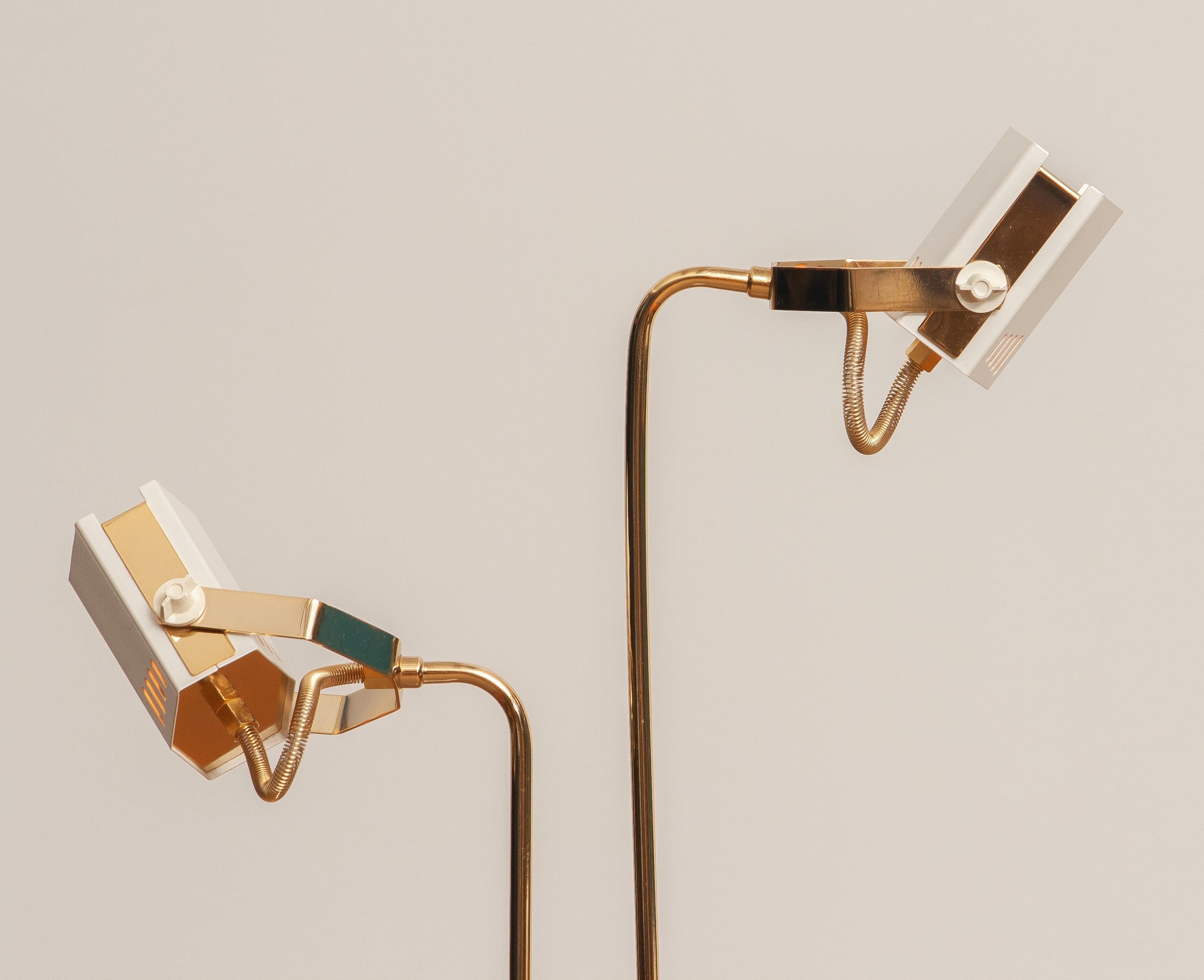 1980s, White-Pearl Lacquered Metal and Brass Halogen Floor Lamp from Italy 1