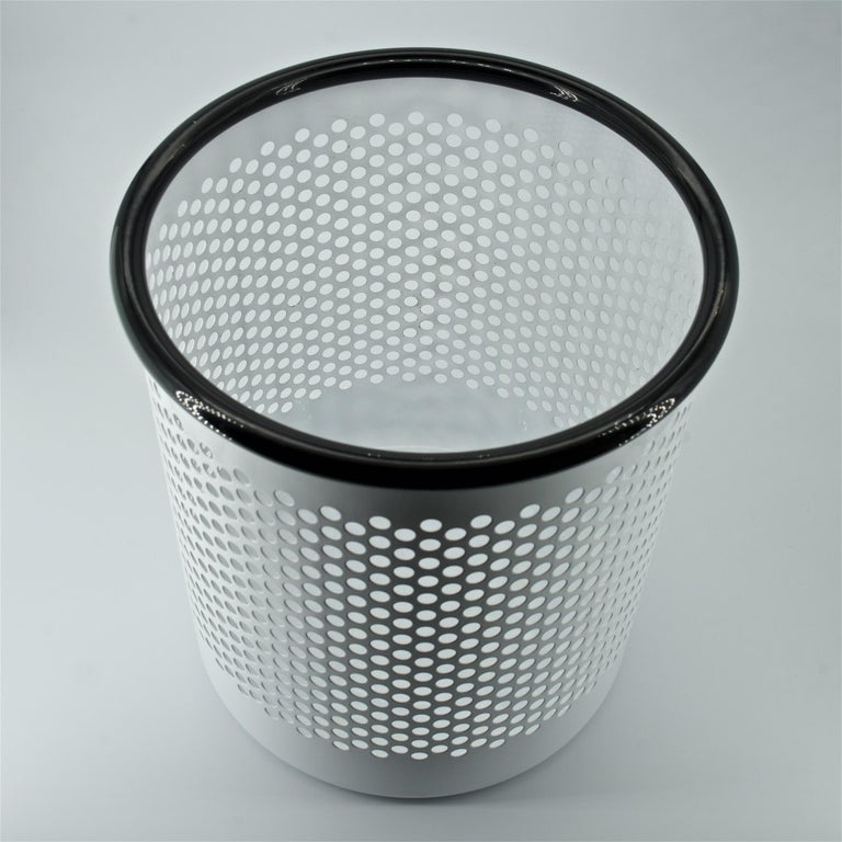 Mid-Century Modern 1980s White Perforated Metal Office Wastebasket Trash Can Italy Memphis Sottsass For Sale