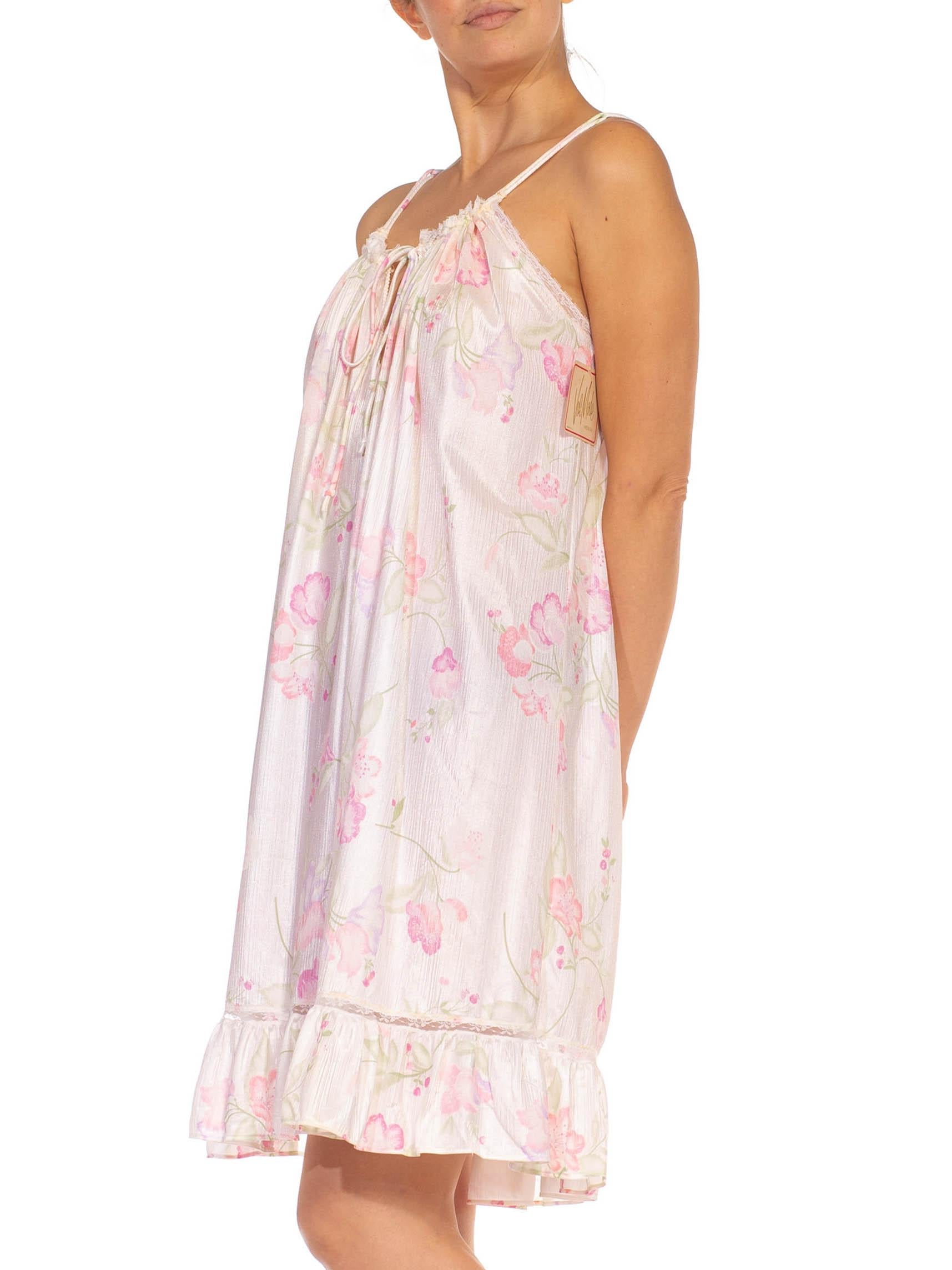 Beige 1980S White & Pink Nylon Floral Drawstring Straps Slip Dress For Sale