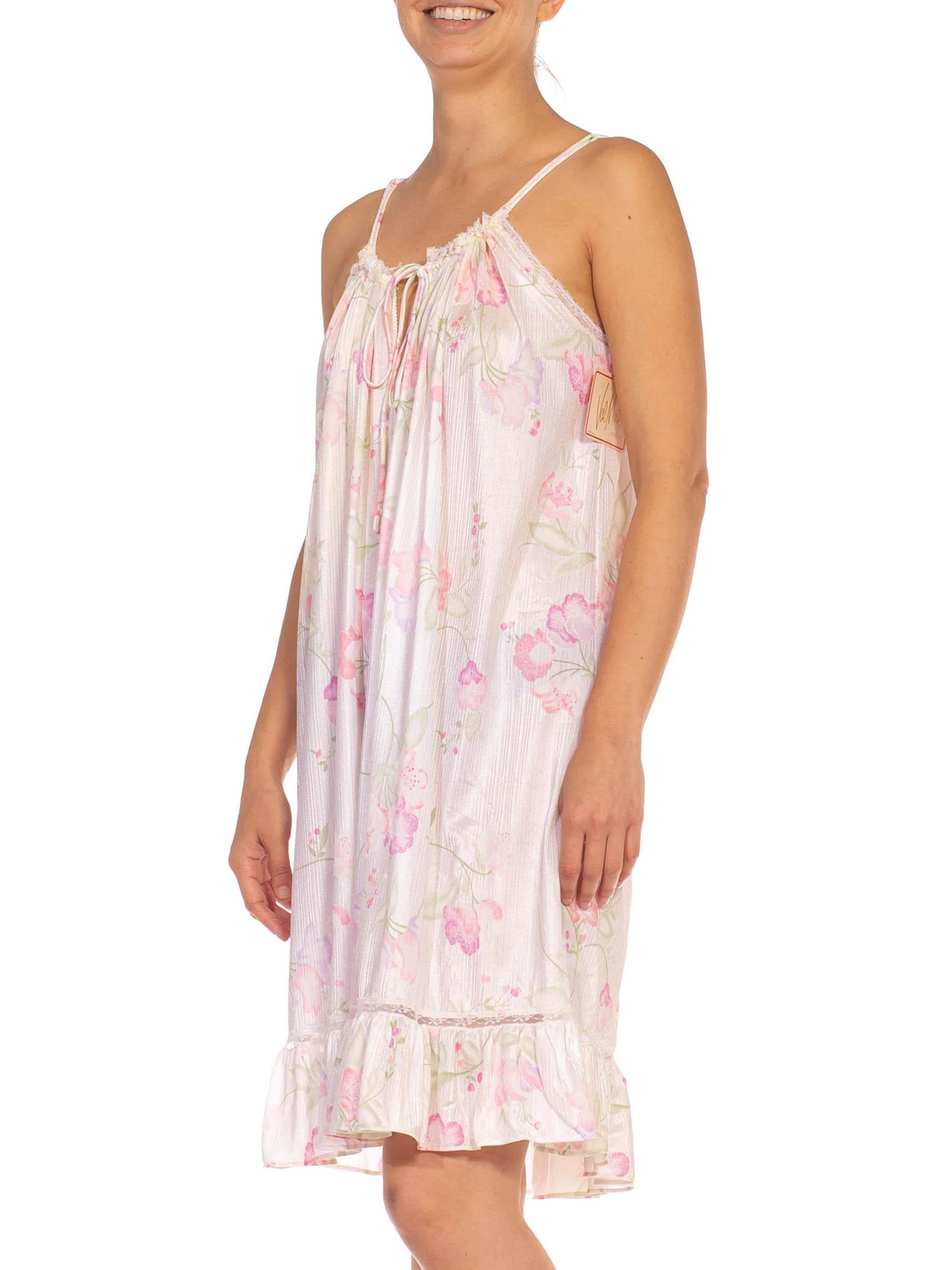 1980S White & Pink Nylon Floral Drawstring Straps Slip Dress For Sale 1