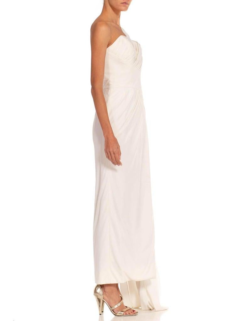 1980S White Polyester Blend Grecian Inspired Style Draped Gown With Boning For Sale 1