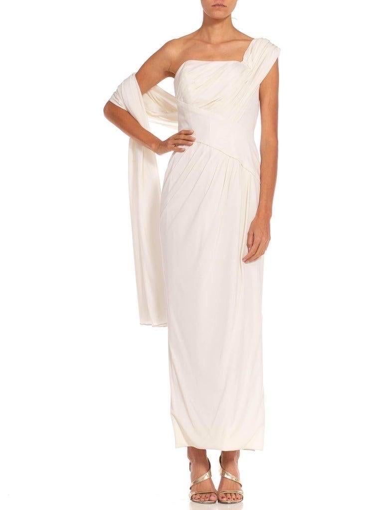 1980S White Polyester Blend Grecian Inspired Style Draped Gown With Boning For Sale 2
