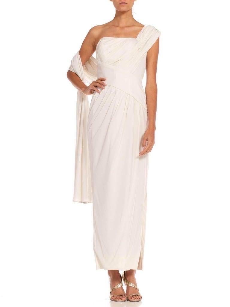 1980S White Polyester Blend Grecian Inspired Style Draped Gown With Boning For Sale 4