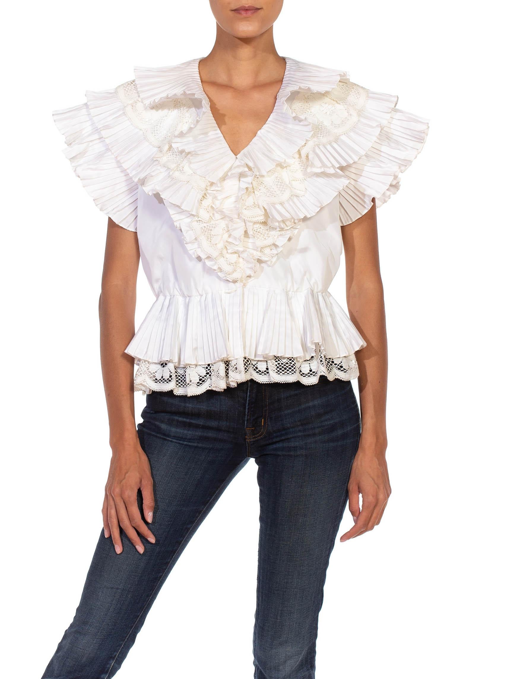 1980S White Taffeta, Lace, Polyester Lace And Pleated Layers Top 1