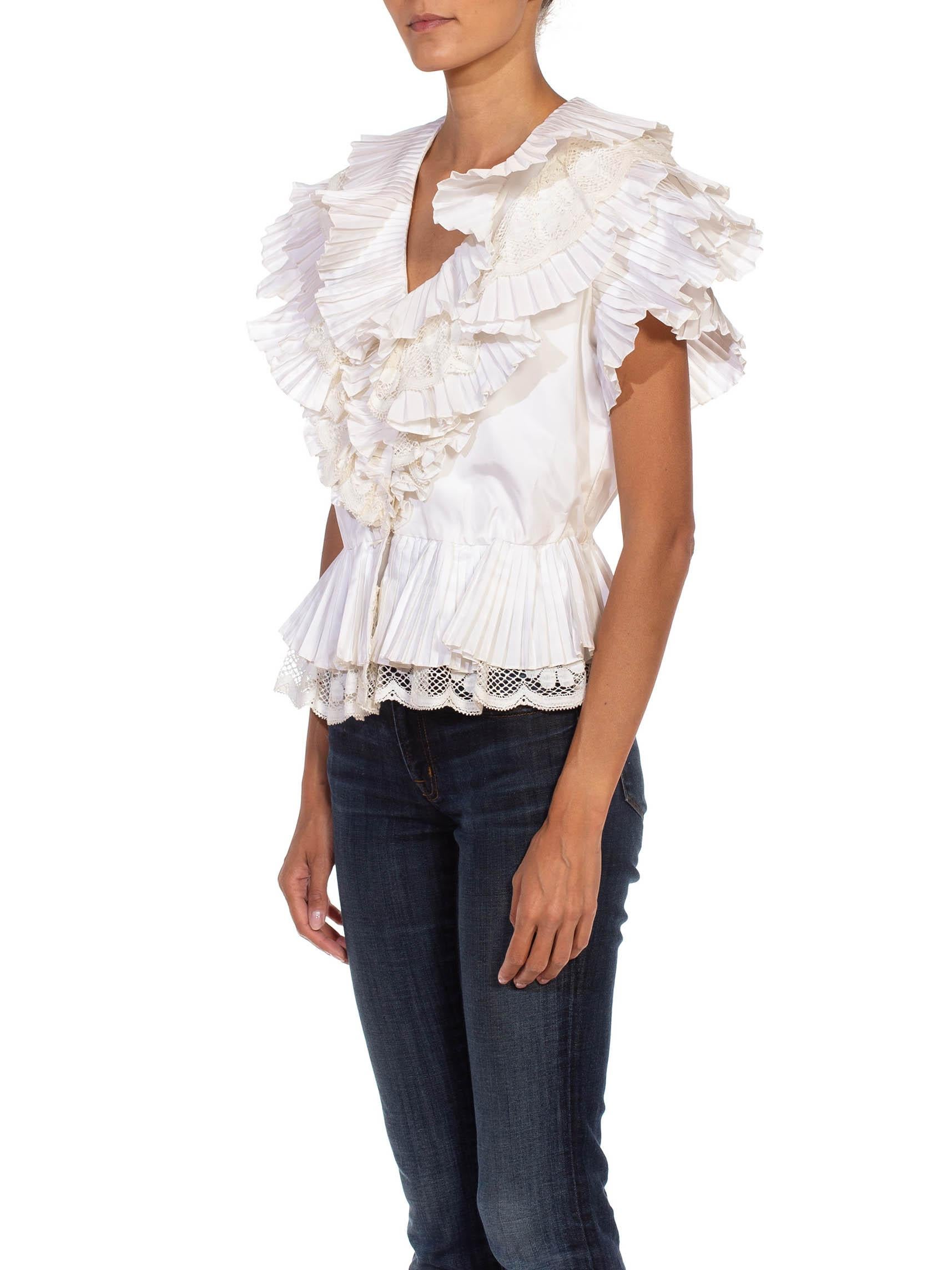 1980S White Taffeta, Lace, Polyester Lace And Pleated Layers Top For Sale 2
