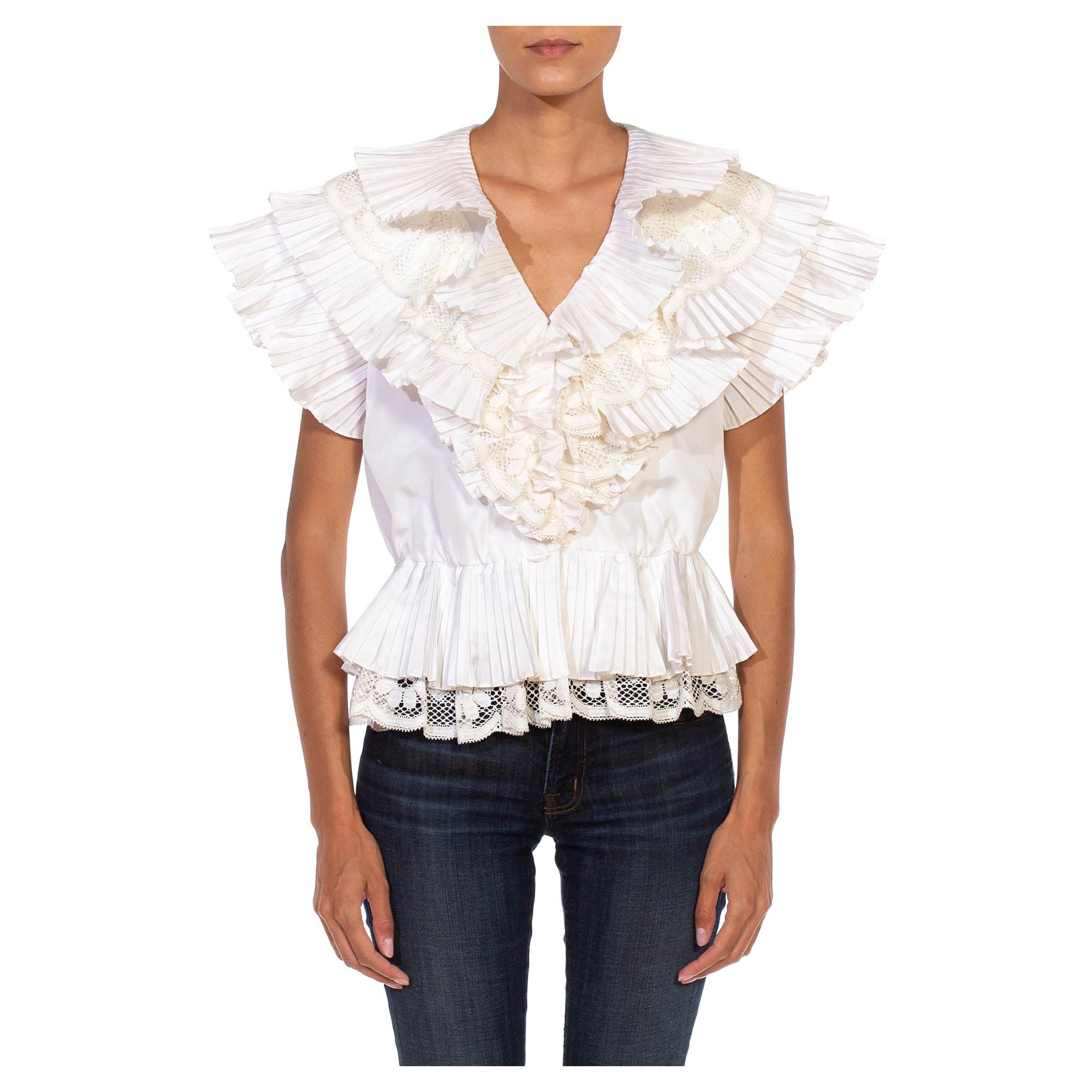 1980S White Taffeta, Lace, Polyester Lace And Pleated Layers Top For Sale